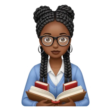 A dark-skinned Black woman with black box braids, wearing glasses, reading a textbook with a stack of books beside her. sticker