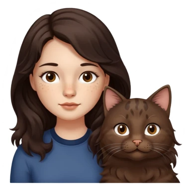 Uzun koyu kahverengi dalgalı saçlı, çenesinde beni olan ve yüzünde biraz çiller olan, iri koyu kahverengi bol kirpikli gözlü sevimli bir yüzü katlı kesim bir saçı olan kadın yap yanına da kilolu tamamen kahverengi bir kedi yap sticker