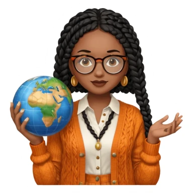 a young woman wearing fine gold round glasses and black hair in several box braids, she has light black skin, and she's wearing a white shirt with an orange-terracotta cardigan on top. She's holding a globe in one hand sticker