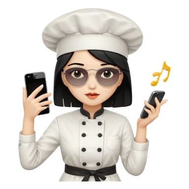 ["A sad woman with light skin, straight hair, wearing a chef hat and sunglasses, dressed in K-pop fashion, is dancing while holding a phone."] sticker