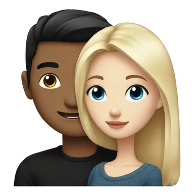 Blonde girl with blue eyes in black sweater and an east asian man with black hair and black eyes hugging sticker