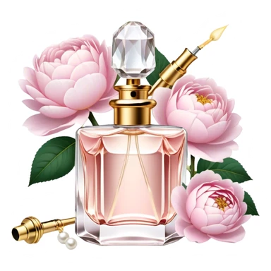 A delicate glass perfume bottle with a golden atomizer, surrounded by soft pink roses, white peonies, and dahlias, as pearl butterflies reflect beautifully in the crystal surface.
 sticker