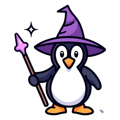 Penguin dressed as a wizard with a magical wand and pointy wizard hat sticker