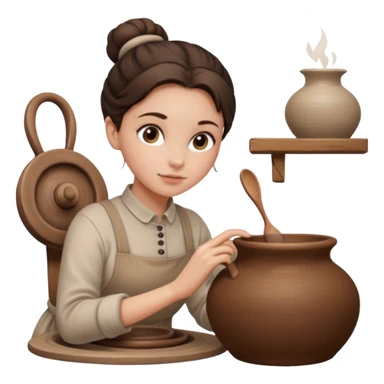 Brunette girl with a bun, behind the potter's wheel, wearing neutral clothing sticker