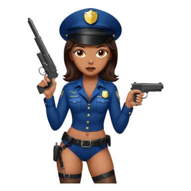 A sexy girl. with caramel skin. Dark brown hair and brown eyes. She has freckles. Wearing sexy makeup. Dressed as a sexy cop. wearing lingerie. Wearing heels. Holding a gun sticker