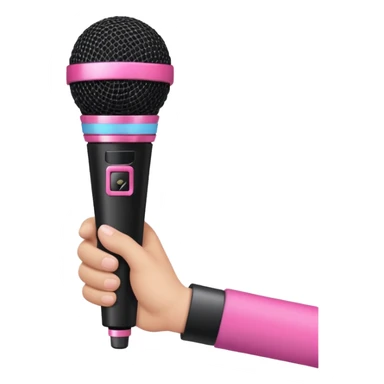 hand holding black stage microphone with pink strip on bottom sticker