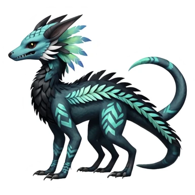 Rare realistic tribal patterned whitish pastel colorful iridescent shiny glossy feathery epic handsome gorgeous aesthetic black-skulled Vernid-Trico-Sergal-Salandit-Nargacuga-species-Fakemon-creature by LiLaiRa, 4 legs, 1 tail, random markings, (full body) long ears sticker