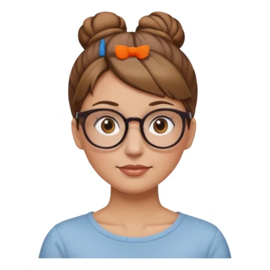 femme de 38 ans avec des cheveux châtain clair, un chignon haut, yeux bruns, lunettes rondes sticker