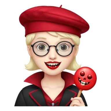 Vampire with lollipop, beret and glasses, teeth looks like vampire sticker