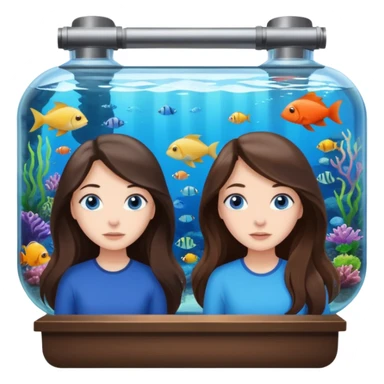two brunette girls long hair blue eyes looking into a massive aquarium sea life viewing sticker