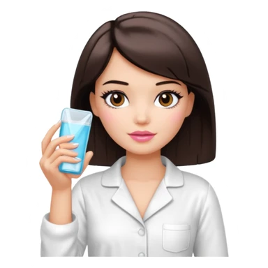 Barbie girl with makeup, bob haircut, short dark brown hair in white pajamas, face gel in hand sticker