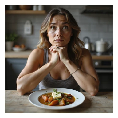 realistic hyper-detailed 4K image of a woman sitting at a table thinking she is eating little, but her plate is rich with condiments like oil, sauces, butter, with a convinced or surprised expression, in a home or kitchen environment sticker