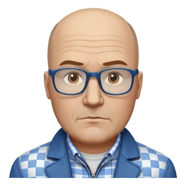 50-year-old heavyset man with very wide face and prominent square jawline. Little to no hair on the sides with some hair on top, balding pattern. Large dark square glasses. Serious-relaxed expression. Light gray jacket that fits his larger frame, white shirt with blue checkered pattern. sticker
