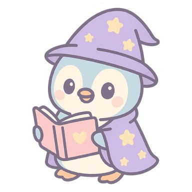penguin wizard reading a spellbook, wearing a starry robe, charming sticker