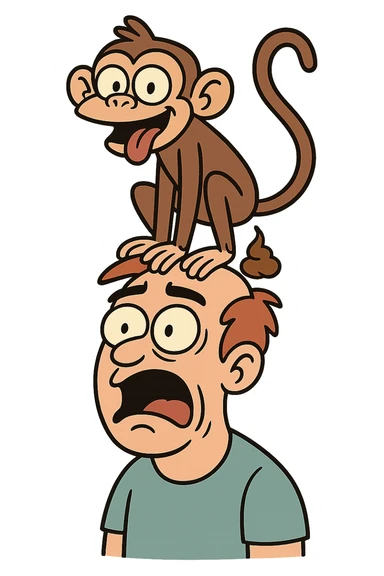 silly monkey pooping on a shocked man's head, cartoon style, lighthearted and funny, no background sticker