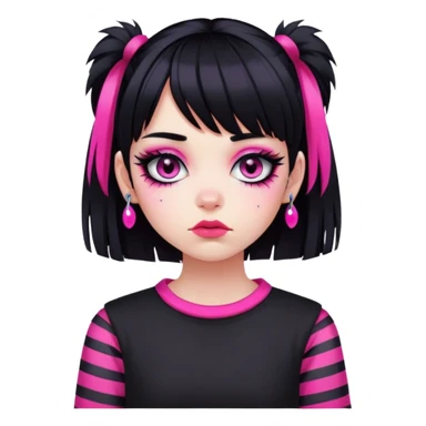 Create an emoji-style girl in the emo subculture. She has black hair with a bright pink fringe, heavy eyeliner around her eyes, and accessories typical for emo fashion — such as striped sleeves, piercings, black clothing, and a melancholic or dramatic expression sticker