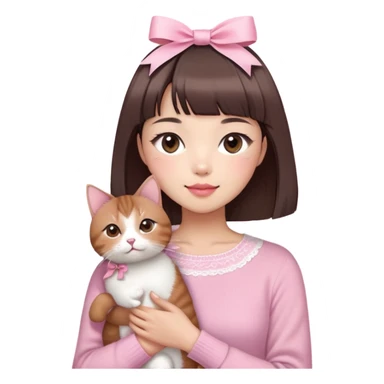 Cute East Asian girl, soft fair skin with blush on cheeks, big brown eyes with long lashes, natural pink lips, inward brown bob with straight bangs. Wearing a stylish pink knit top with ribbon details and subtle lace trim, holding a fluffy Abyssinian cat in arms, gentle smile, sticker