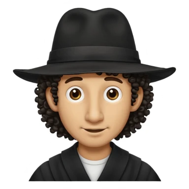A man with a big nose and a black hat like a top hat but round and all black, with a strand of curly hair coming out from both sides of the hat, the strand of hair should be long  sticker