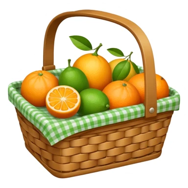 
A small picnic basket holding citrus fruits and a tiny cloth napkin.








































 sticker