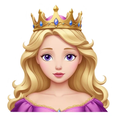 Cinematic Realistic Sleeping Beauty (Aurora) Portrait, with porcelain-like skin featuring a natural rosy flush, illuminated by soft lighting that highlights the gentle contours of her face. Her golden blonde hair flows in soft, detailed waves with subtle highlights that shimmer in the light. Her deep violet-blue eyes radiate warmth and innocence, framed by arched brows and long lashes. Her serene expression exudes quiet elegance. She is dressed in her classic pink gown, the fabric rich in texture with delicate folds that catch the light. A golden crown rests atop her head, gleaming with royal refinement. The portrait captures a soft, glowing aura, blending realism with an ethereal sense of beauty and timeless enchantment. sticker