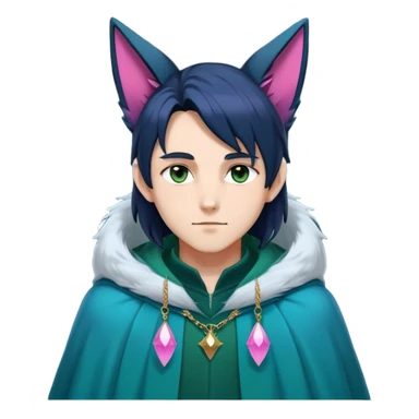 anime man with straight long dark-blueish-black-gradient hair, long black fox ears with pink Scapha, hazel-gradient-brown-turquoise eyes, gold earring hanging from fox ear, dark-blue-sweater, green cape,  sticker