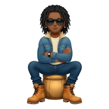 African American man with shoulder length black dreadlocks with black bead wearing black sunglasses with wearing denim skinny jeans and wheat timberland boots with arms folded sticker