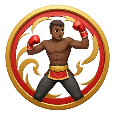 An emblem-style emoji symbolizing striking martial arts. The design features a stylized fighter in a dynamic stance, delivering a powerful punch, surrounded by a circular border with traditional elements like fists and combat symbols. Bold, clean lines with contrasting colors. sticker