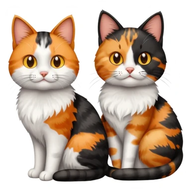 Three cats sitting together: first is a fluffy black and white cat, second is a calico cat with orange, black, and white patches, third is a fluffy gray-brown tabby cat, simple emoji style sticker