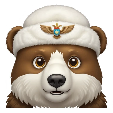 Brown bear head face wearing white fluffy ushanka with detailed Russian double-headed eagle emblem centered on front, iOS emoji style sticker