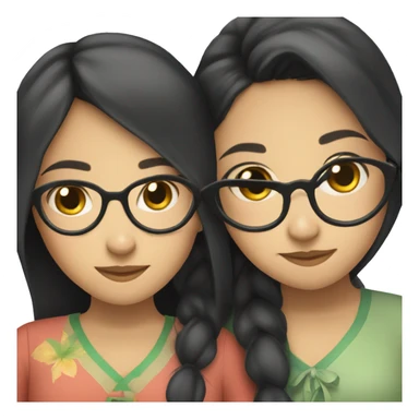 three vietnamese girls hugging one with glasses sticker