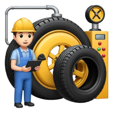 please draw me a emoji of tire - inside the manufacturing factory - getting inspected by machine not the human - the machins is checking uniformity - machine is complicated  sticker