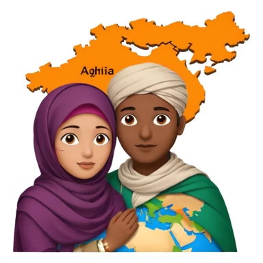 An emotional artistic illustration of an Indian man and an Afghan hijabi girl standing on the maps of India and Afghanistan, symbolically embracing despite the distance, showing love beyond borders. sticker