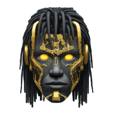 black metal male cyborg head with circuitry and wispy yellow gold hair sticker