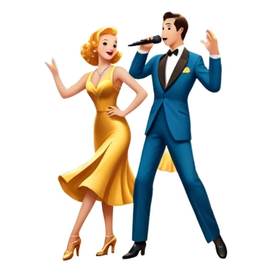 Vintage movie poster-style icon for a musical film. The cityscape glows in the background, evoking the golden era of musicals. A vibrant street scene with bright lights, dancers mid-step, a singer with a microphone, and a jazz band playing. Transparent background. sticker