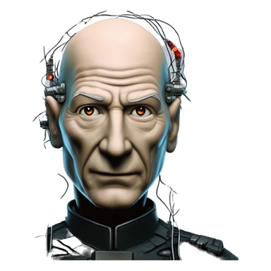 Jean luc picard from Star Trek assimilated by the Borg, with mechanical metal covering the left side of his face, with wires and a red light on the left side. His eyes are blue sticker