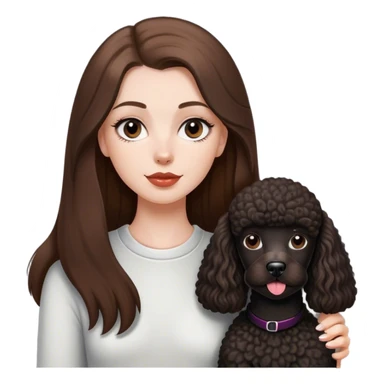 a white girl with straight long brown hair and a black french poodle dog sticker