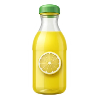 lemon juice bottle, transparent, pale yellow juice, lemon-shaped or curved plastic, light translucent, green or yellow cap, clean minimal, no branding, no glass, no lemon slices, no background, no faces, clean 3D, soft shadows, transparent background, emoji scale sticker
