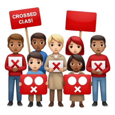 a crowd of people with unhappy faces and holding placards on which everything is crossed out in red sticker