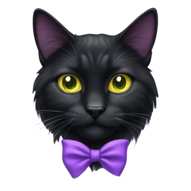 Black Long hair cat with slight white markings on chest and bright greenish yellow eyes with a purple bow by the left ear  sticker