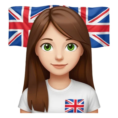 Una chica con pelo liso, largo y marrón. Ojos verdes, camiseta blanca con una bandera de Reino Unido. sticker