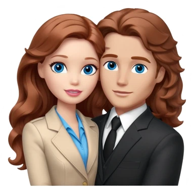 Barbie girl  , eyes blue , Chestnut red long wavy hair In pale beige clothes, Hugs a man with brown hair, brown eyes , and a black suit sticker