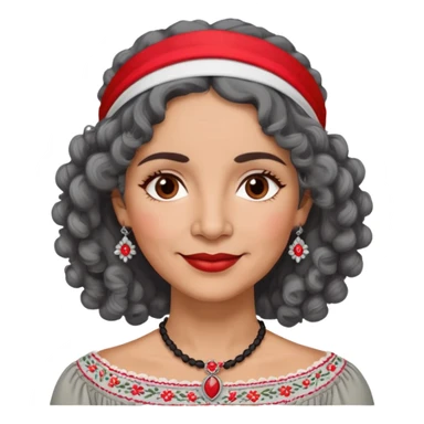 Latina woman, about 55 years old, slightly darker warm brown skin, round soft face, curly black and gray hair, red and white headband, medium eyes, thin eyebrows, gentle smile, gray peasant blouse with embroidery, bare shoulders, large dark necklace sticker