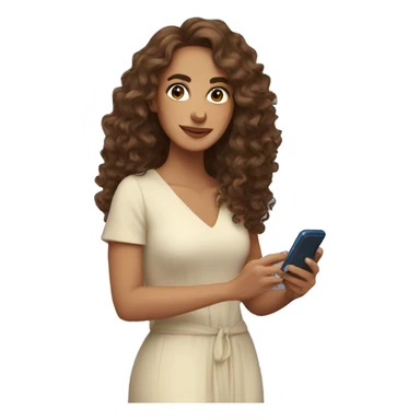 Spain woman content creator with long curly brown hair in blue dress and with smartphone  sticker