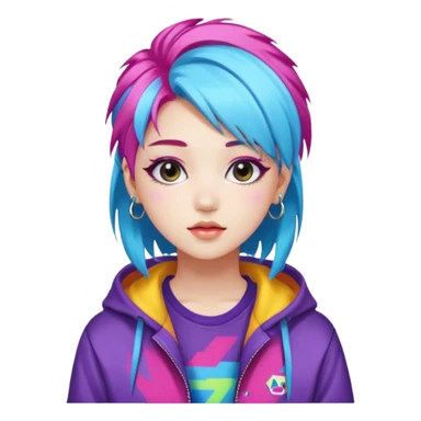 portrait of young woman idol in Kpop style, wearing flashy streetwear outfit, colorful dyed hair sticker