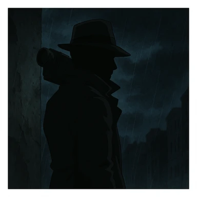 1930s private detective mysterious silhouette, camera on shoulder, dark atmosphere, ghibli style sticker