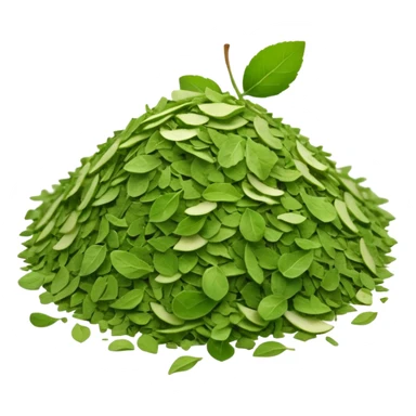 loose pile of finely crumbled green herb flakes with slightly dusty uneven texture and natural color variations from sage to dark green, irregular airy shape, light aromatic dried herb, apple emoji style, soft lighting, subtle shadows, emoji scale sticker