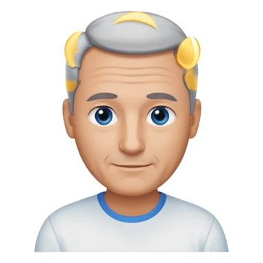 Middle aged man with tanned skin, little black to grey hair, receding hairline and no beard, blue eyes, shy smile sticker