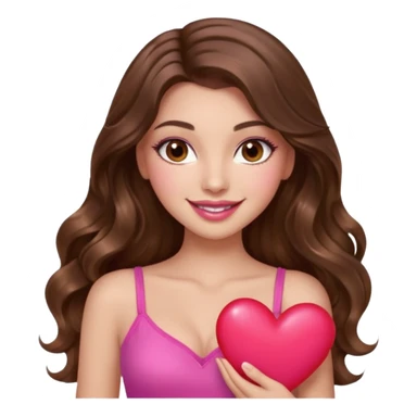girl with long wavy brown hair, brown eyes, long lashes makeup, sexy pink lips, light to medium complexion, wearing a pink sexy top, smiling, holding a big heart sticker