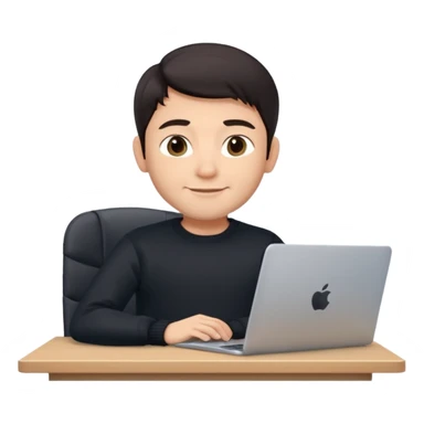 memoji of a man with a laptop in front, apple-style, modern, dark hair, black sweater, Indian fair skin, small cute smile, sitting at his desk, light blue gradient background sticker