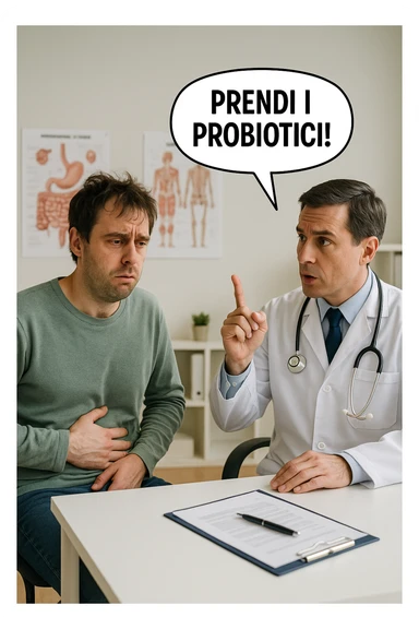 Uomo che ha disbiosi evidente e il dottore gli dice "Prendi i Probiotici!" sticker